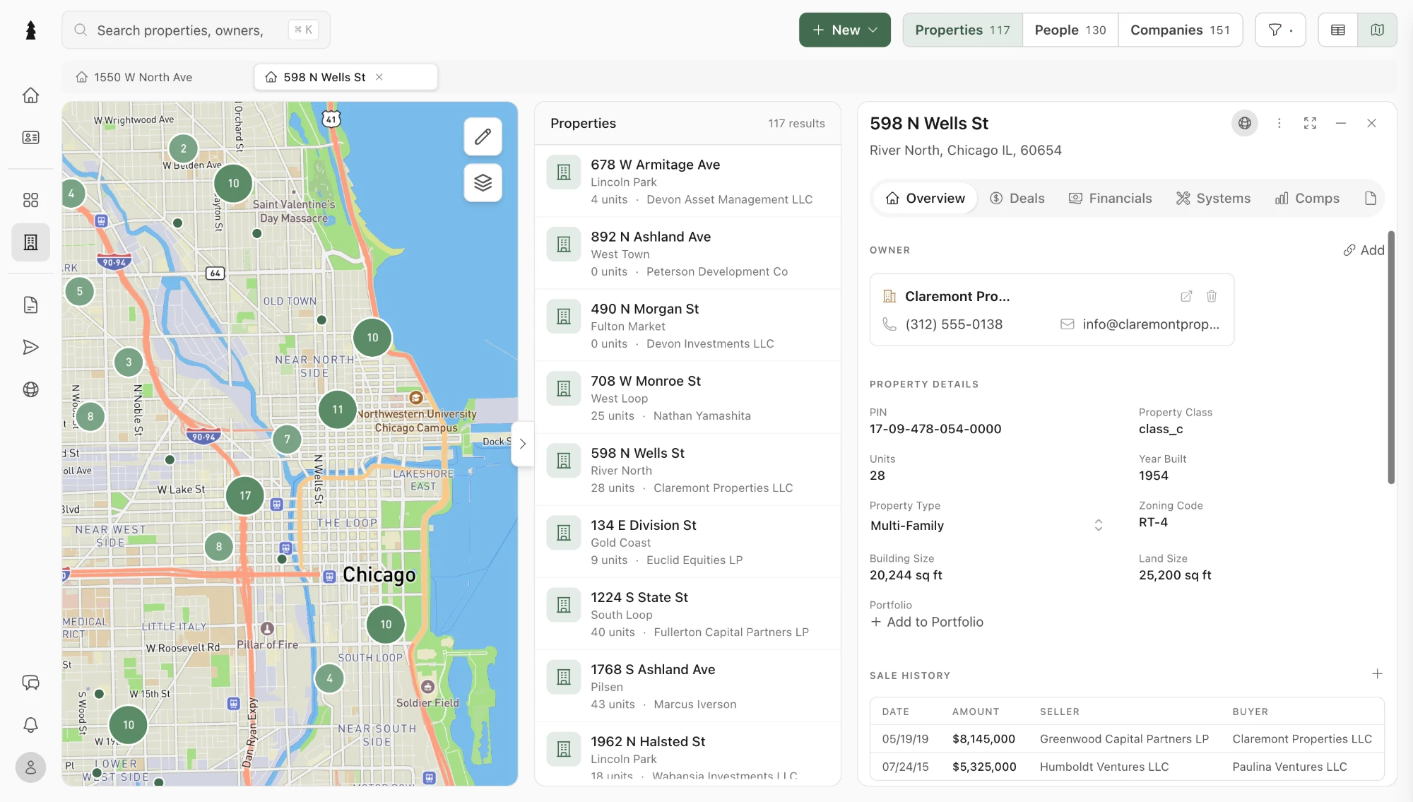 Everre's properties view: a map of Chicago with clustered property pins, a list of multifamily properties with unit counts and owners, and a detail panel for 598 N Wells St showing its owner, property details, and sale history.
