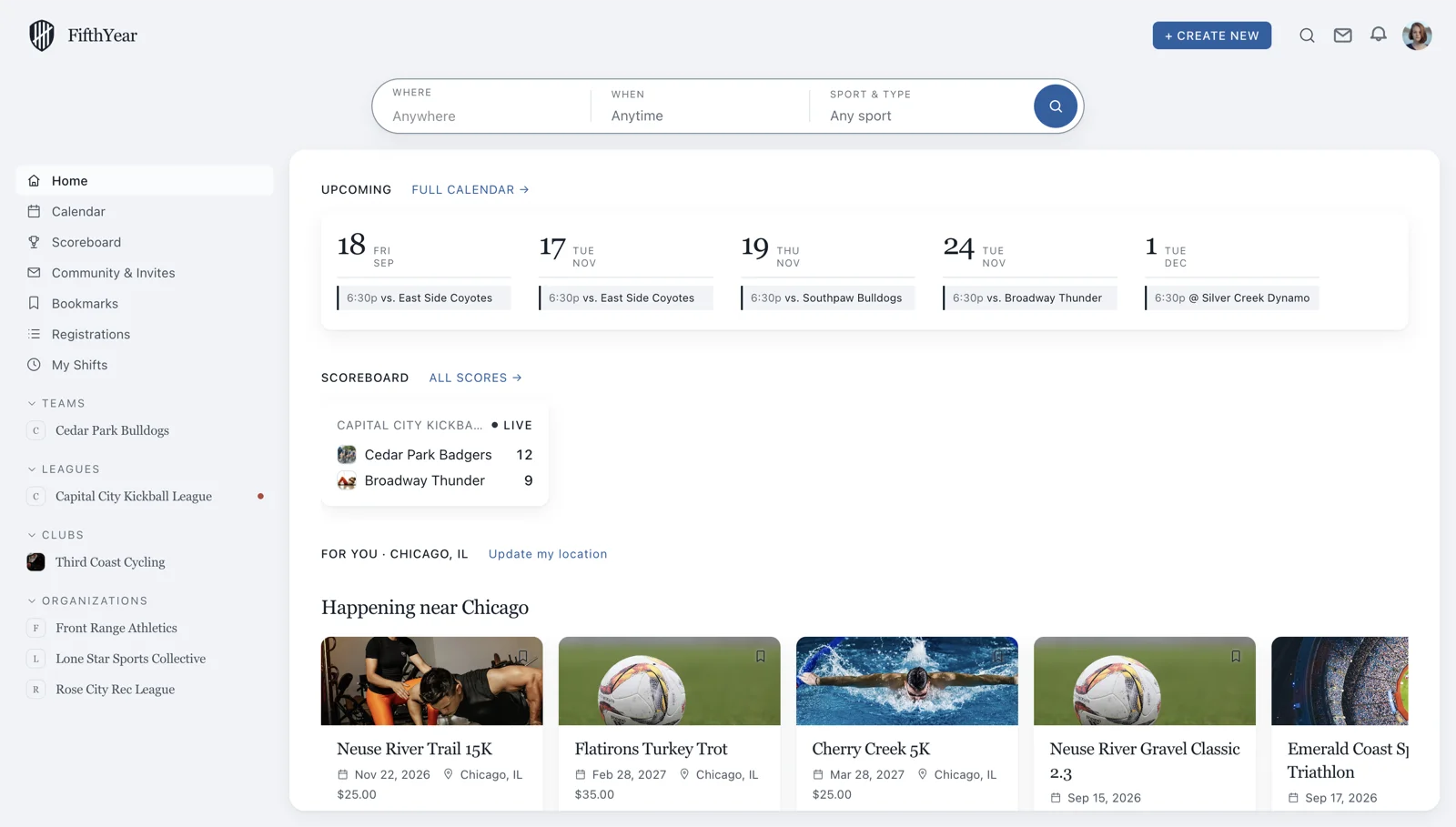 FifthYear home: upcoming games, a live scoreboard, and events happening near Chicago with the athlete's teams, leagues, and clubs in the sidebar.