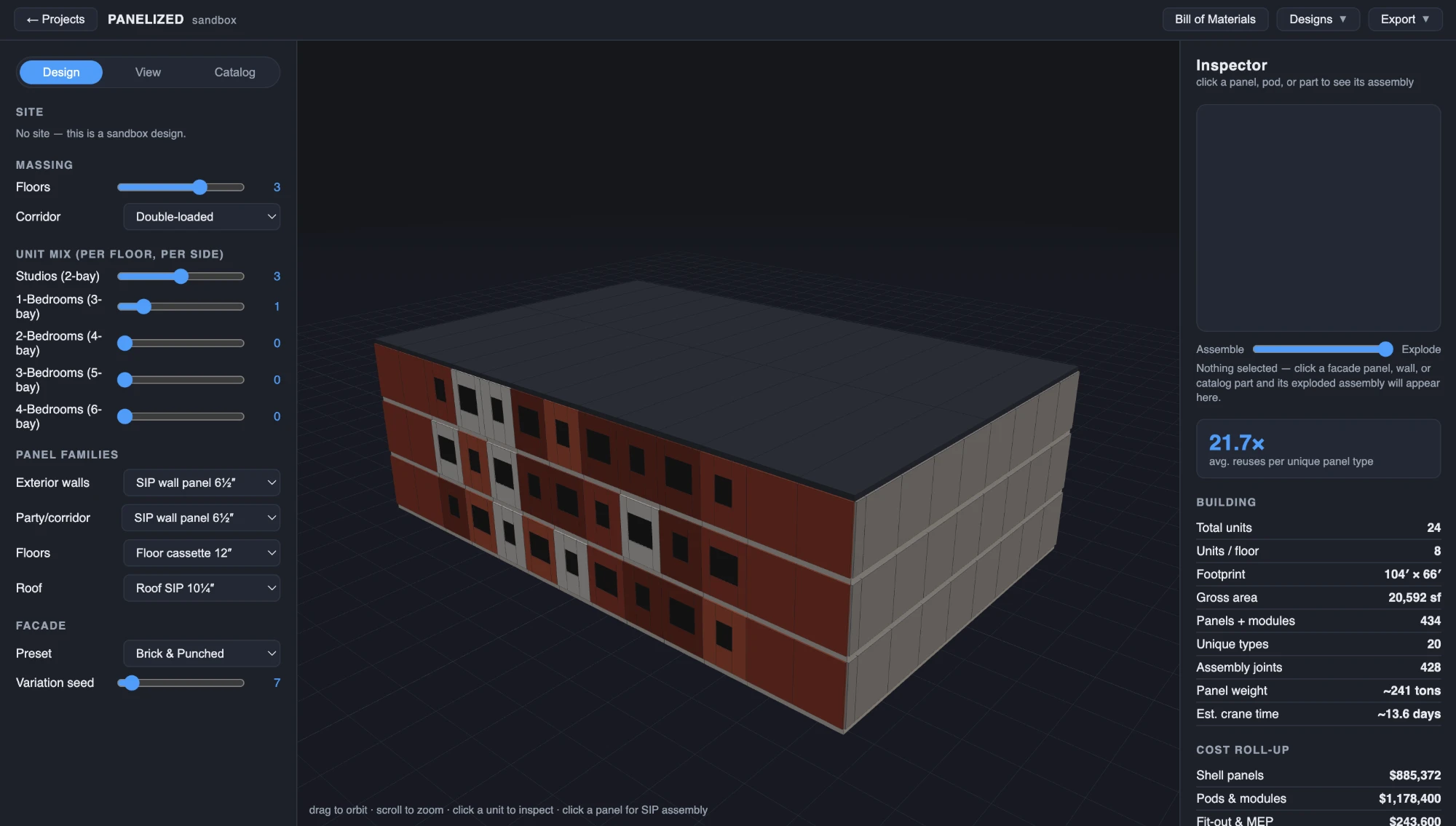 Panelized sandbox: a three-story brick apartment building rendered in 3D, with massing, unit mix, and panel controls on the left and a building stats and cost roll-up inspector on the right.